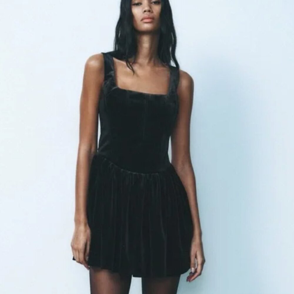 NWT Zara Black Balletcore Velvet Corset Short Dress w Square Neckline - Sz Small